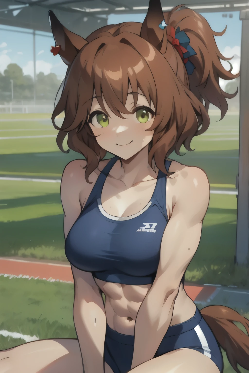 aston machan\(umamusume\), masterpiece, best quality, ((ultra-detailed face)), symmetrical face, beautiful face, muscular, slender, abs, sports bra, horse tail, smile, athletics track, large tits, hand between legs