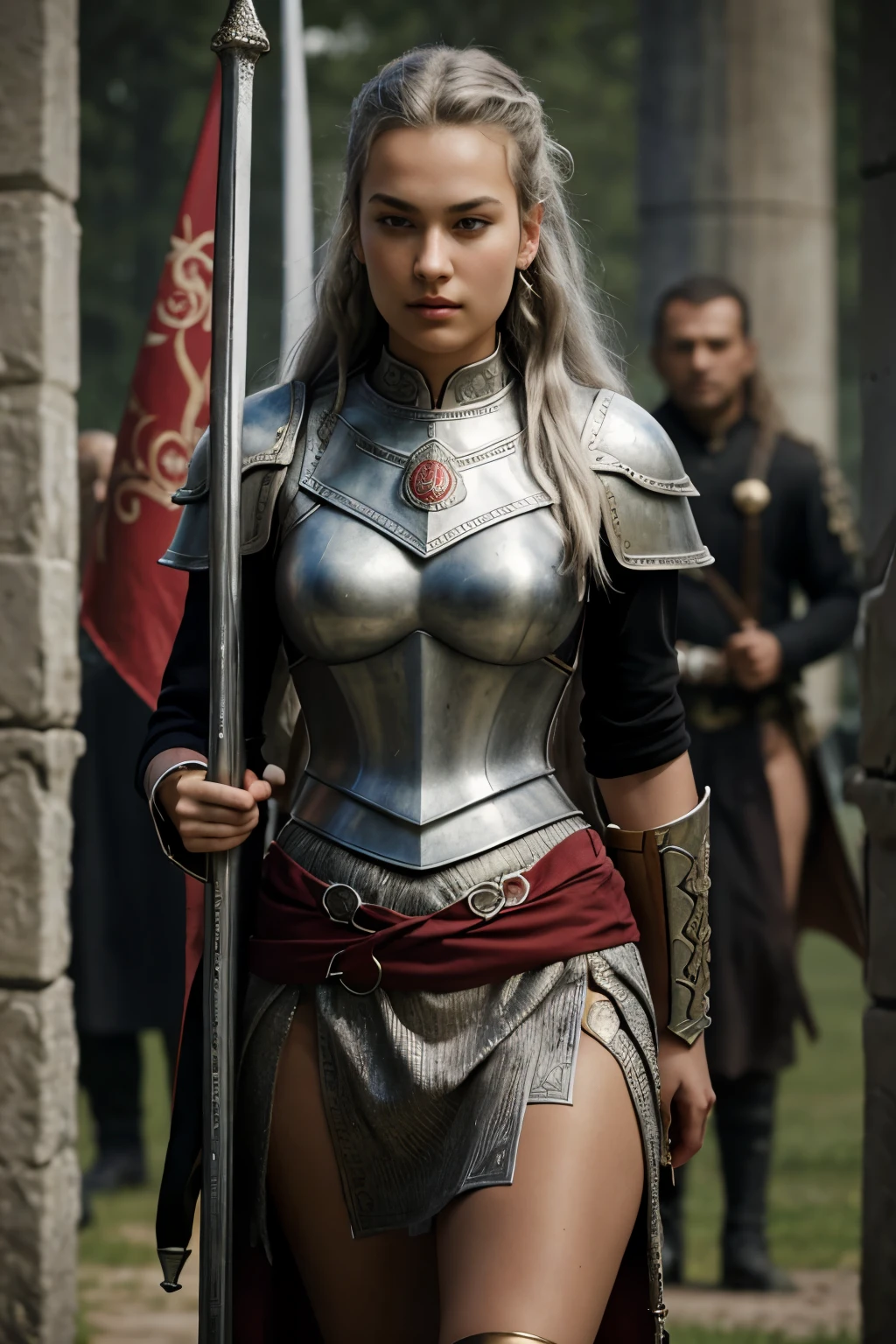 ((best quality)), ((masterpiece)), (detailed) photography, photorealistic, 13 year old girl, Viktorija Ziva, with Long platinum gray hair, highly detailed face: 1.3, Brown eyes, slim, athletic, muscular, jewelry, Full body, a large army in the background, blurred background (on an ancient battlefield, highly detailed revealing sexy bronze age Nordic warrior armor, Open lips, actual, nase, walking, armed with a large sword, multiple black and red banners waving