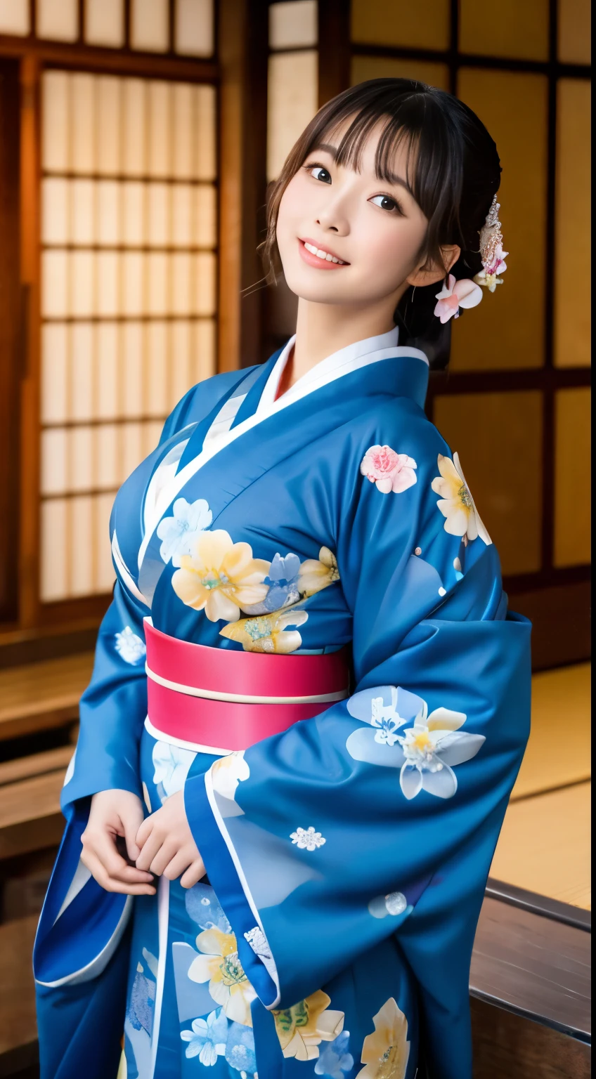 Beautiful big-breasted gravure idol in long-sleeved kimono