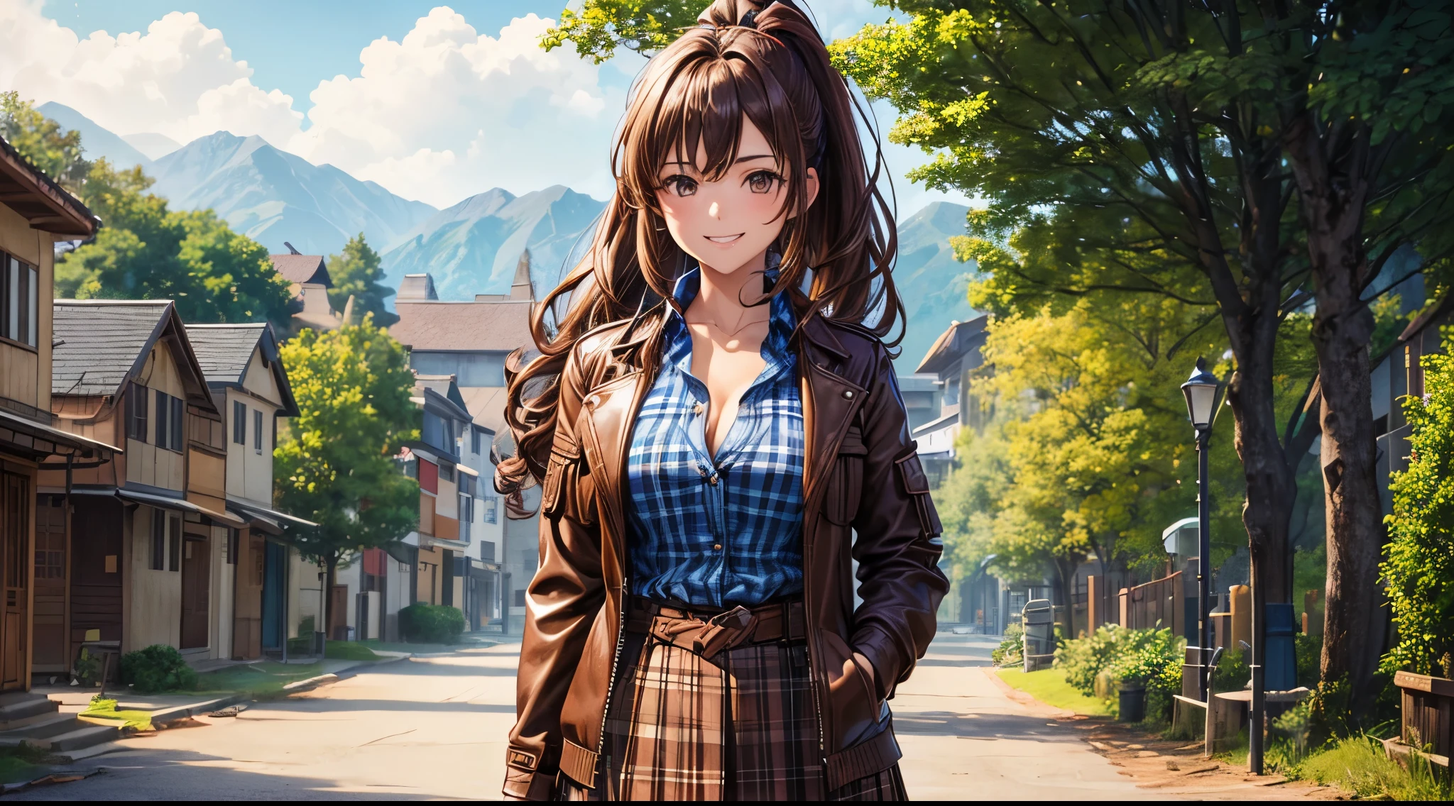 1girl, solo, village, trees, brown hair, long hair, curly hair, ponytail, large breasts, button down shirt, ((blue checked shirt)), ((unbuttoned shirt)), brown eyes, ((opened brown zipper jacket)), leather jacket, red and black skirt, grin, looking at the viewer, standng, hair ribbon