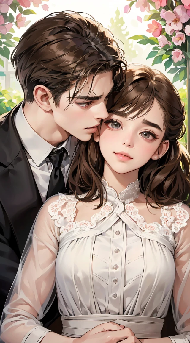 (masutepiece, Digital Art, Digital Illustration, 4K, 8K, Ultra-detailed, beautiful image, Sharp Image, Photorealistic, Raw photo, Perfect face, Perfect lines, Perfect eyes, Soft lighting) 1 woman, (lightbrown hair,Chignon Hair,Innocent look,drooping eyebrows,drooing eyes,with round face,Round jaws、Innocence,cute little,big eye,natural make up,kindly smile,E-cup,23 y-o woman:1.3),Two handsome men in suits, (ember,Men in suits,well-muscled,Firm shoulder width, Boyish hairstyle,Man in his 30s with a cool expression,28-year-old man with bright smile:1.2),A garden full of light、lots of flower、The fountain、colorful flower light,(embarrassed from,Shy smile:1.2),Resort Sofa,the kiss、kiss、a couple、couple kissing、Romance、