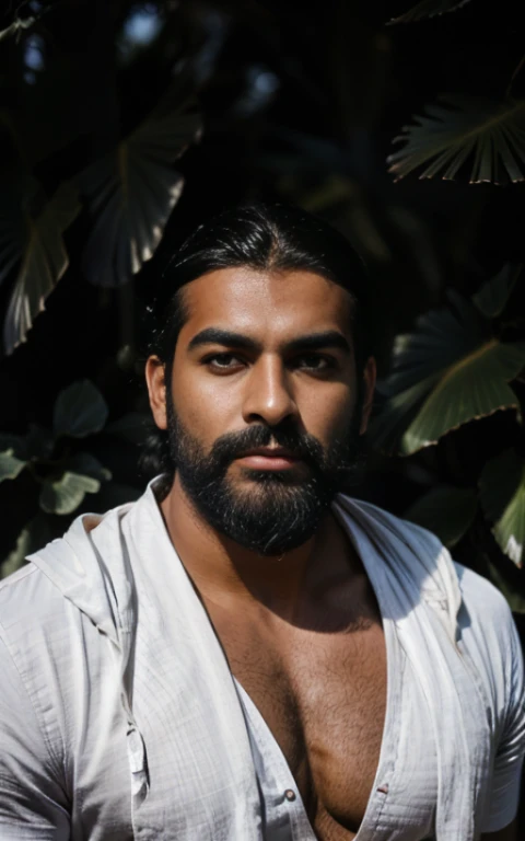 (homme métisse indien musclé, barbe, high contrast, contre-jour, fleurir, Lueurs lumineuses, aberration chromatique, mise au point nette, photo couleur RAW