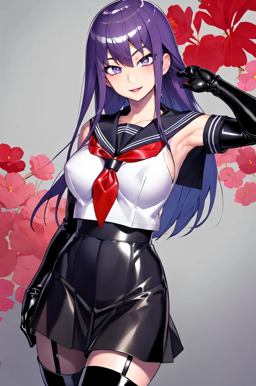 1girl in, Solo, Floral background, Purple hair, Long hair, Purple eyes, Large breasts, Bare shoulder, black pvc costume, School uniform, (Black PVC Serafuku:1.4), (Black PVC pleated skirt:1.2), Black PVC Elbow Gloves, Black PVC Thigh Boots, (garter strap:1.2), evil Smile, Shiny hair, Shiny skin, Smile, Face Focus, Beautiful face, Detailed eyes,