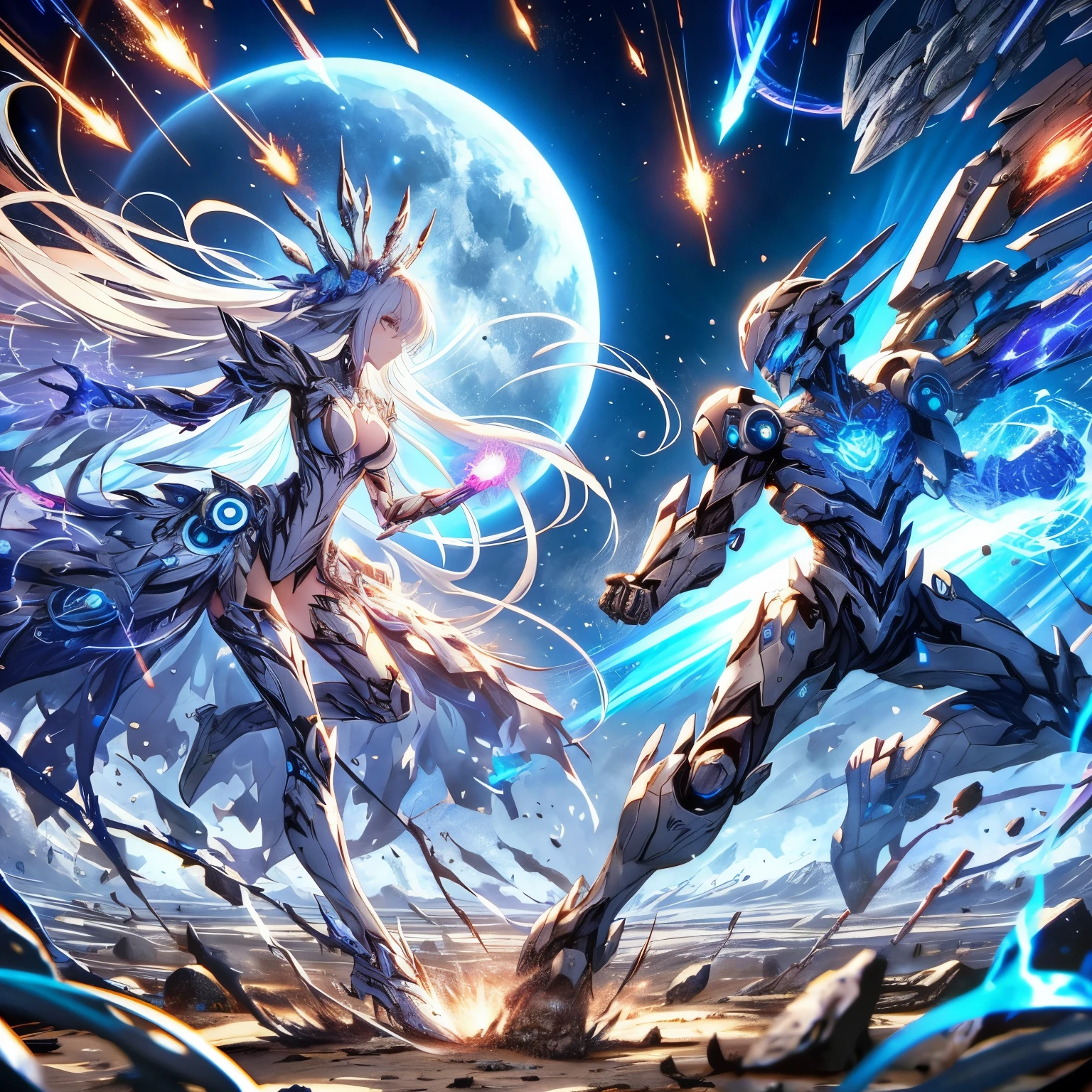 Anime characters in battle on full moon background, Ethereal mech theme, anime epic artwork, Anime fantasy artwork, 2. 5 d cgi Anime fantasy artwork, Highly detailed official artwork, High quality Warframe fan art, Detailed Warframe fanart, anime fantasy illustrations, warframe art, epic fantasy sci fi illustration, Warframe and Destiny fanart
