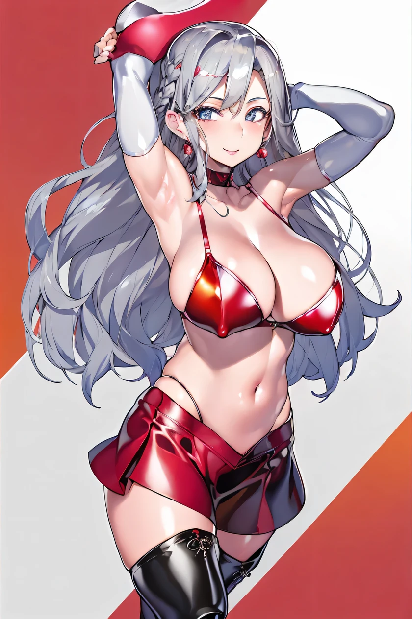 1girl in, Solo, Floral background, (Brown hair), Long hair, Wavy Hair, Blue eyes, huge-breasted, Standing, Racing Circuit, Outdoors, Solo, (shiny:1.2), Bare shoulder, cleavage cutout, (Navel), red and silver pvc lace queen costume, (red and silver pvc skirt:1.2), red and silver pvc elbow gloves, (red and silver pvc thigh boots:1.2), earrings, Smile, (Oily skin:1.3), (shiny hair:1.2), (shiny glossy skin:1.2),