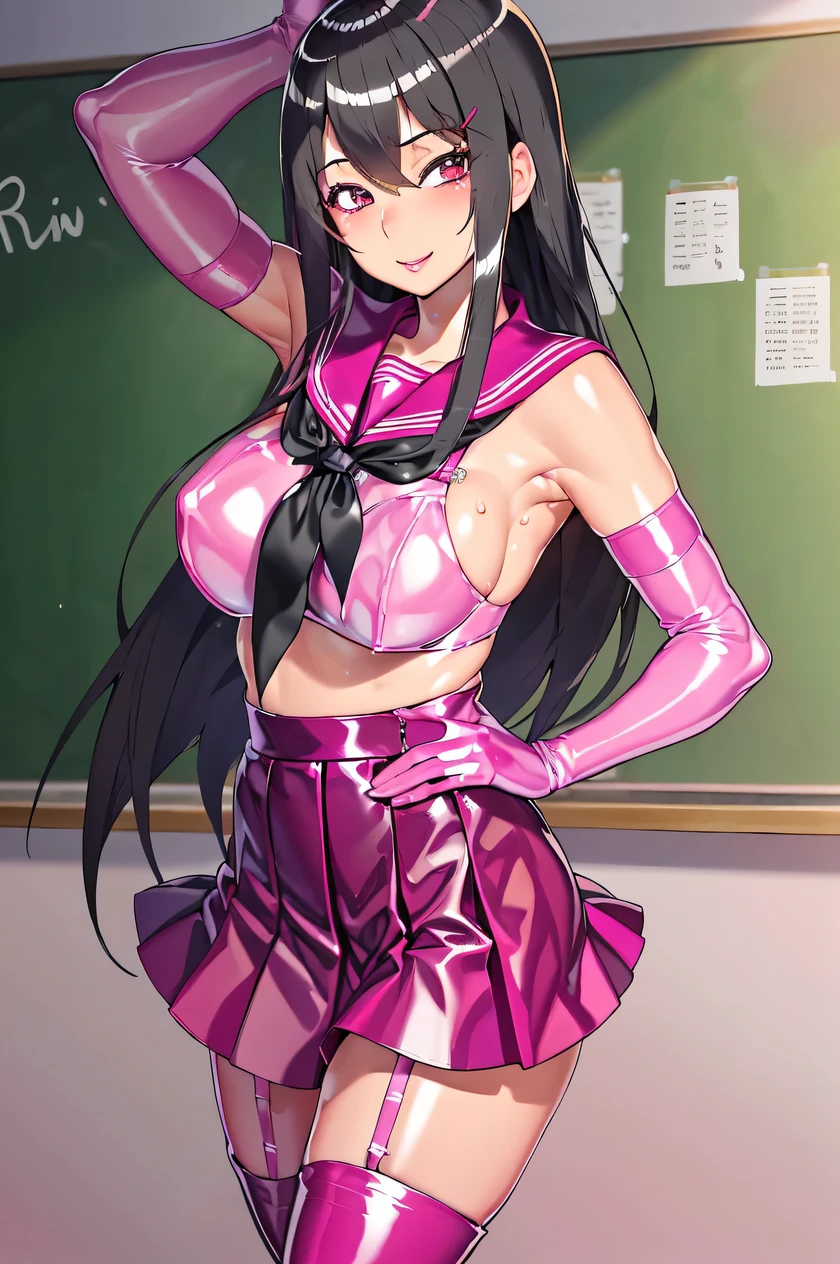 1girl in, Solo, Floral background, Black hair, Long hair, Red Eyes, Large breasts, (Red armband), School, crass room, Solo, Bare shoulder, Pink PVC costume, (Pink PVC Serafuku:1.3), (pink pvc pleated skirt), Pink PVC Elbow Gloves, Pink PVC Thigh Boots, (garter strap:1.2),
Smile, (Oily skin:1.3), (Shiny hair:1.2), (shiny glossy skin:1.2),