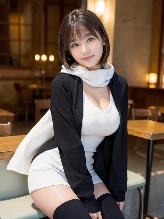 (Photorealistic), (ultra high realistic), (The ultra -The high-definition目), (ultra high detailed), (Increase contrast), (Increase saturation), (12 year old super beautiful girl), (light skinned)A pretty woman with perfect figure, Bright smile,, (Lifelike face), a short bob、Hair hanging over the ears, Realistic eyes, natural make up、beautiful detail, (real looking skin), Beautiful skins, enticing, The ultra -The high-definition, A hyper-realistic, Realistic, Very detailed,, bangss), (Tight black knit miniskirt dress、I can see the cleavage)(The outerwear is a brown short coat with a hood.、Opening the front)(((White knee high boots)))japanese cute idol, I can see the cleavage) Brown hair,((Stylish café))Inviting Pose、Beautiful valley、beutiful breast、thin-waist、big butts、Knee-deep angle、T-back panties