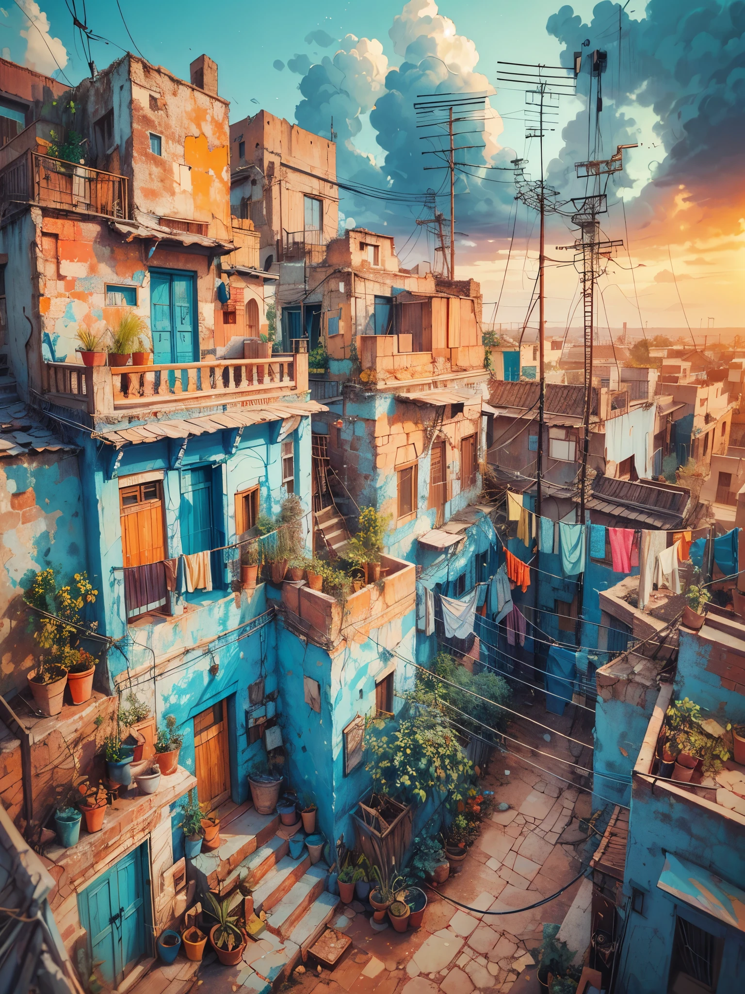 Draw an digital simple aerial art of wide lofi scene of Indian village Jodhpur, cracked walls, clothes drying in balcony, wires and poles, antenna, washed out paints, blue doors, plants in pots, windows, beautiful cloudy sky, vibrant color tones, masterpiece, peaceful scene