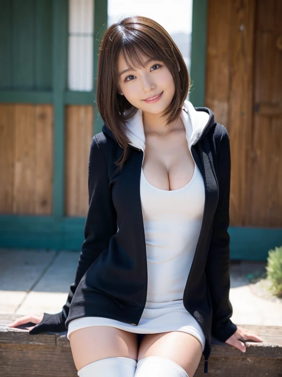 (Photorealistic), (ultra high realistic), (The ultra -The high-definition目), (ultra high detailed), (Increase contrast), (Increase saturation), (12 year old super beautiful girl), (light skinned)A pretty woman with perfect figure, Bright smile,, (Lifelike face), a short bob、Hair hanging over the ears, Realistic eyes, natural make up、beautiful detail, (real looking skin), Beautiful skins, enticing, The ultra -The high-definition, A hyper-realistic, Realistic, Very detailed,, bangss), (Tight black knit miniskirt dress、)(Outerwear is a short white hooded coat、Opening the front)((White knee high boots))japanese cute idol, I can see the cleavage) Brown hair,((Stylish café))Inviting Pose、Beautiful valley、beutiful breast、thin-waist、big butts、Knee-deep angle