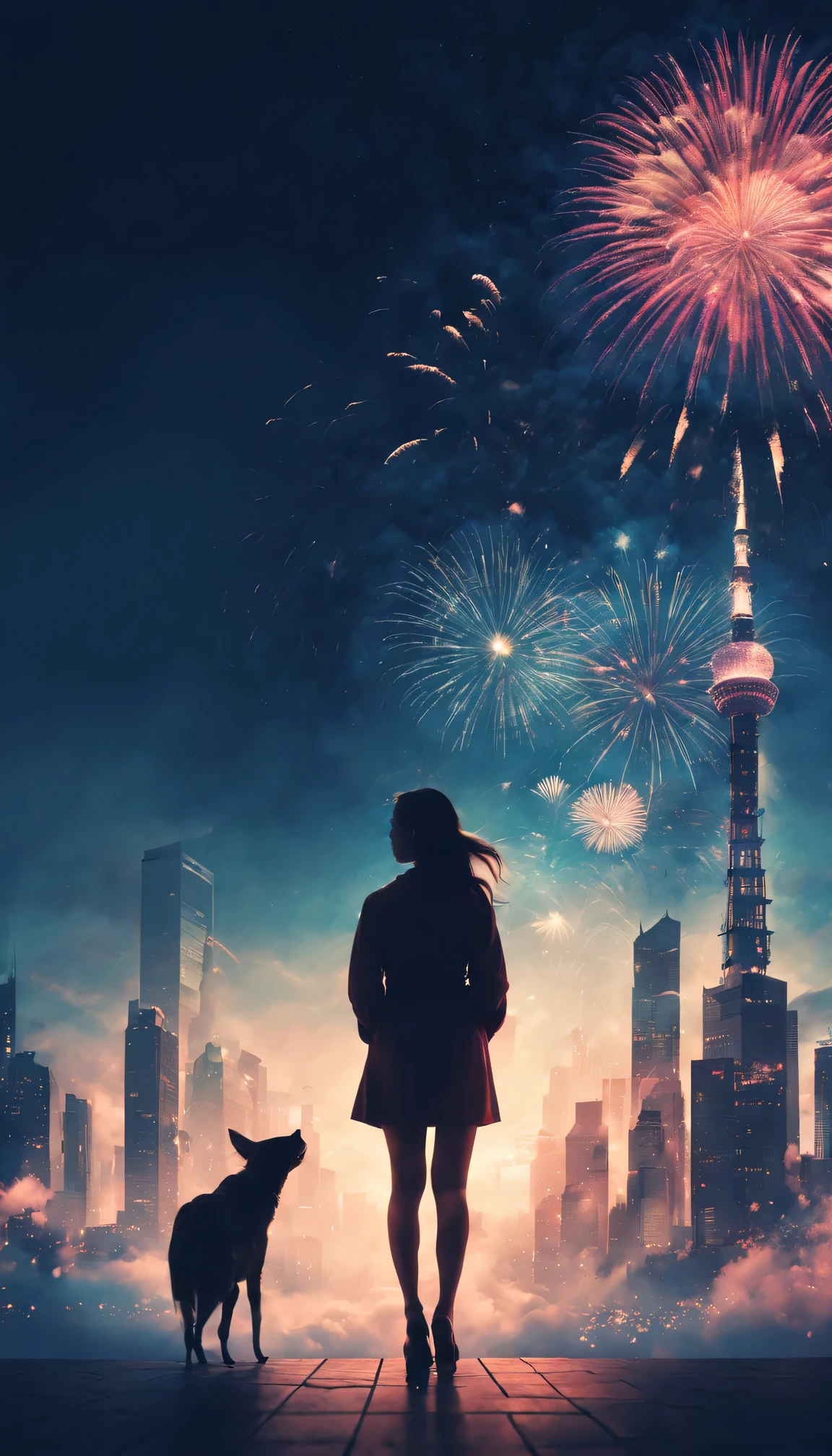 Holiday poster,2024 年new year快乐,Expansive night sky,new year,(A grand fireworks display),Girl silhouette texture clear,double exposure effect,vibrant with colors,creative composition,artsy photography,hight contrast,soft focus,vague background,multiple exposure,Different perspectives of uturistic high-rise buildings、Overlay the image、Surreal atmosphere、(Best quality,4K,8K,A high resolution,tmasterpiece:1.2),ultra - detailed,