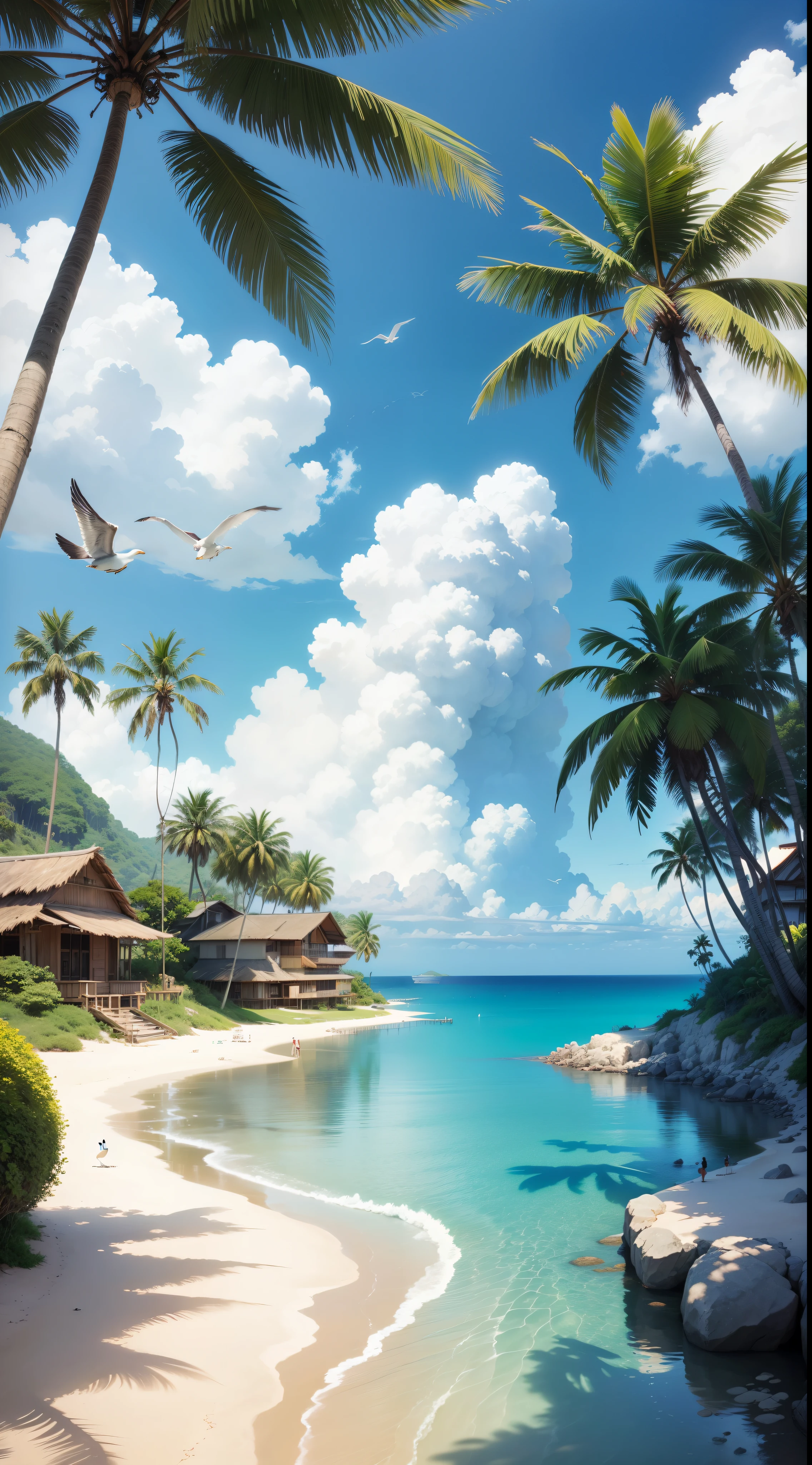 ((best quality)), clear, reasonable structure, ((cartoon style)), beach, boat, palm tree, sand, ((sea)), seagull, (sky with big sun), sunny, fantasy, no_humans, outdoors, landscape, real, Studio Ghibli Hayao Miyazaki's tropical island with blue sea and sky, tropical island, coconut,