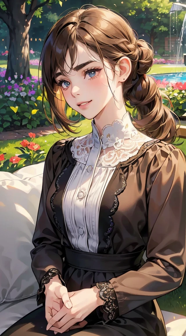 (masutepiece, Digital Art, Digital Illustration, 4K, 8K, Ultra-detailed, beautiful image, Sharp Image, Photorealistic, Raw photo, Perfect face, Perfect lines, Perfect eyes, Soft lighting) 1 woman, (lightbrown hair,Chignon Hair,Innocent look,drooping eyebrows,drooing eyes,with round face,Round jaws、Innocence,cute little,big eye,natural make up,kindly smile,E-cup,23 y-o woman:1.3),Two handsome men in suits, (ember,Men in suits,well-muscled,Firm shoulder width, Boyish hairstyle,Man in his 30s with a cool expression,28-year-old man with bright smile:1.2),A garden full of light、lots of flower、The fountain、colorful flower light,(embarrassed from,Shy smile:1.2),Resort Sofa,the kiss、kiss、a couple、couple kissing、Romance、