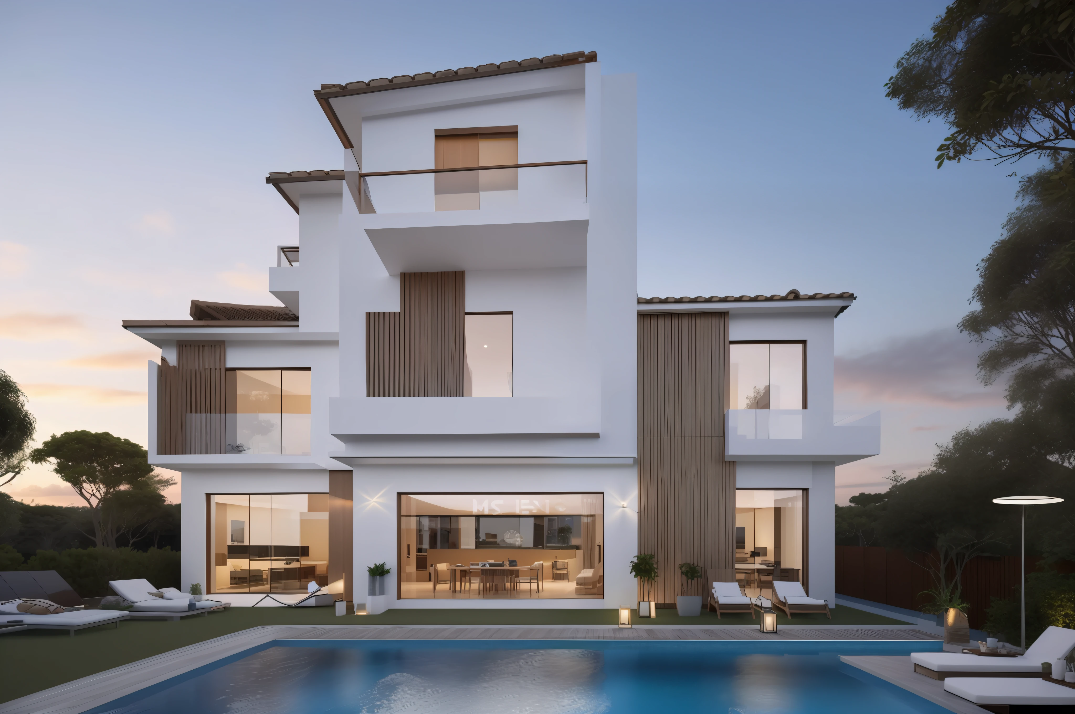 Casa moderna com piscina, (obra prima) alta qualidade 8k, realistic at sunset