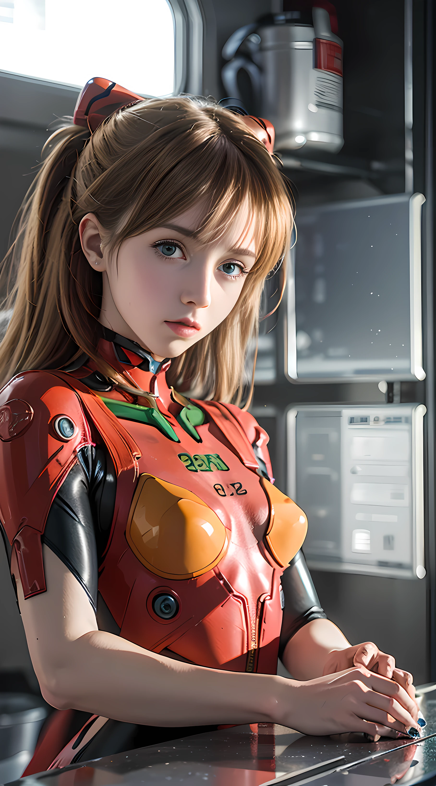 (Overhead view),dynamic angle,ultra-detailed, illustration, close-up, straight on, 1girl, 
 ((souryuu asuka langley, interface headset, red bodysuit:1.4, blonde)),Her eyes shone like dreamy stars,(glowing eyes:1.233),(beautiful and detailed eyes:1.1),(expressionless,closed mouth),(standing), 
(mechanic room with toolsand spaceship windowin a white SPACESHIP),
(night:1.2),dreamy, [[delicate fingers and hands:0.55]::0.85],(detail fingers),