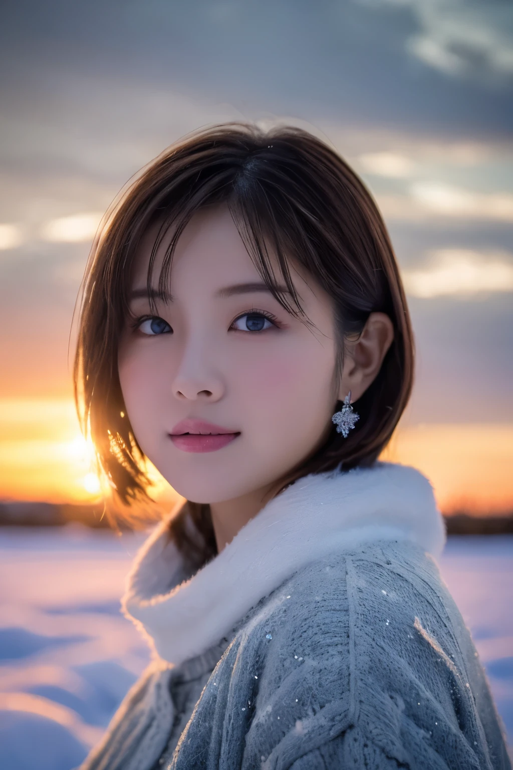 1girl in, (Winter clothes:1.2), Japanese beautiful actress, 
photogenic, Snow Princess, long eyelashes, Snowflake Earrings,
(Raw photo, Best Quality), (Realistic, Photorealsitic:1.4), (masutepiece), 
Beautiful detailed eyes, Beautiful detailed lips, extremely detailed eye and face, 
BREAK
 (Frozen snow field in winter Lapland), (Sun setting on the horizon),
Sparkling snowflakes, ethereal beauty, Swirling snowflakes, Snowy trees, Powder snow, snow-capped mountain, 
A world of silver colored by the setting sun, 
(snowflakes are shining in the air:1.4), 
Indigo and orange color scheme, Dramatic Lighting, Fantastic atmosphere, 
BREAK 
Perfect Anatomy, Slender body, Small, Short hair, Parted bangs, Angel Smile, 
Crystal-like skin, Clear eyes, catchlight