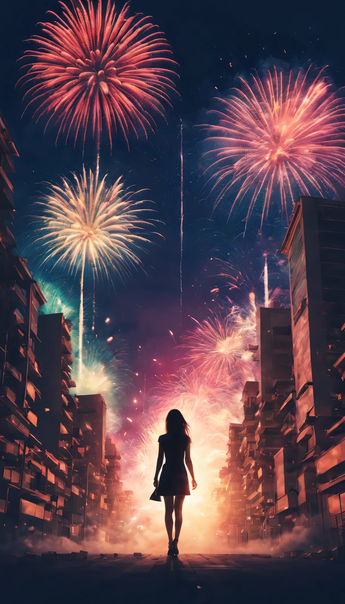 new year,Holiday poster,2024,Expansive night sky,(A grand fireworks display),Girl silhouette texture clear,double exposure effect,vibrant with colors,creative composition,artsy photography,hight contrast,soft focus,vague background,multiple exposure,Different perspectives of uturistic high-rise buildings、Overlay the image、Surreal atmosphere、(Best quality,4K,8K,A high resolution,tmasterpiece:1.2),ultra - detailed,