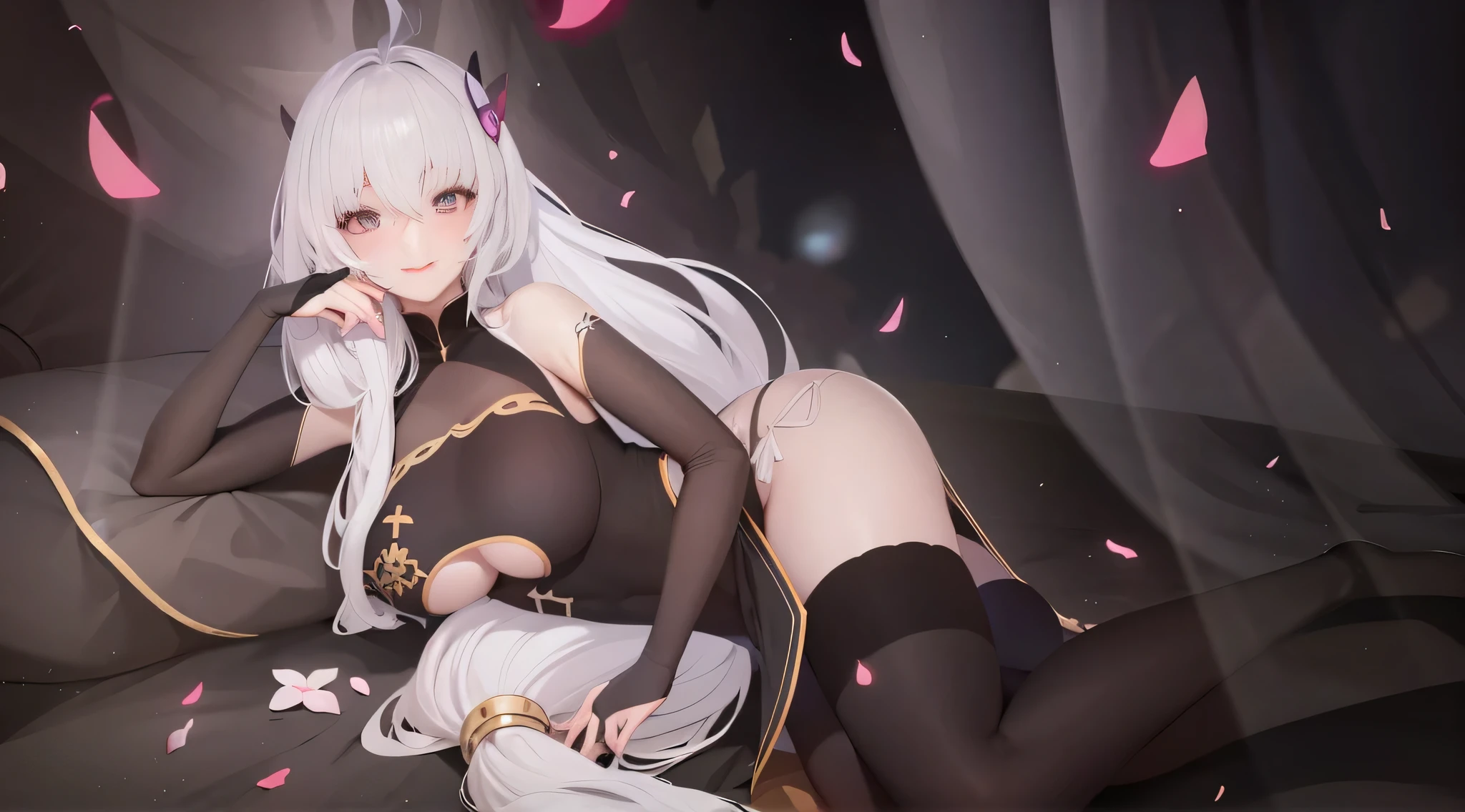 Anime girl with white hair and black clothes sitting on the bed, white-haired god, Digital art on Pixiv, Zero art, 8K high quality detail art, guweiz on pixiv artstation, Guviz style artwork, Soft anime illustration, [ 4K digital art ]!!, Detailed fanart, guweiz on artstation pixiv