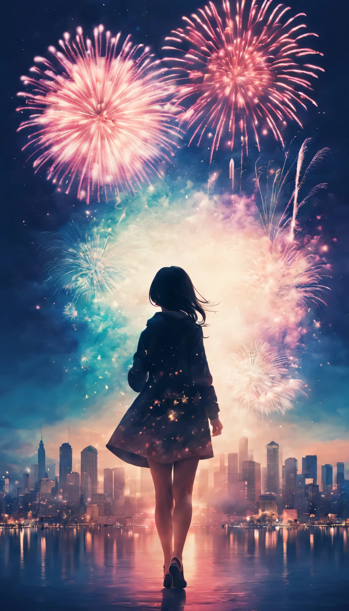 Holiday poster,2024 年new year快乐,Expansive night sky,new year,(A grand fireworks display),Girl silhouette texture clear,double exposure effect,vibrant with colors,creative composition,artsy photography,hight contrast,soft focus,vague background,multiple exposure,Different perspectives of uturistic high-rise buildings、Overlay the image、Surreal atmosphere、(Best quality,4K,8K,A high resolution,tmasterpiece:1.2),ultra - detailed,