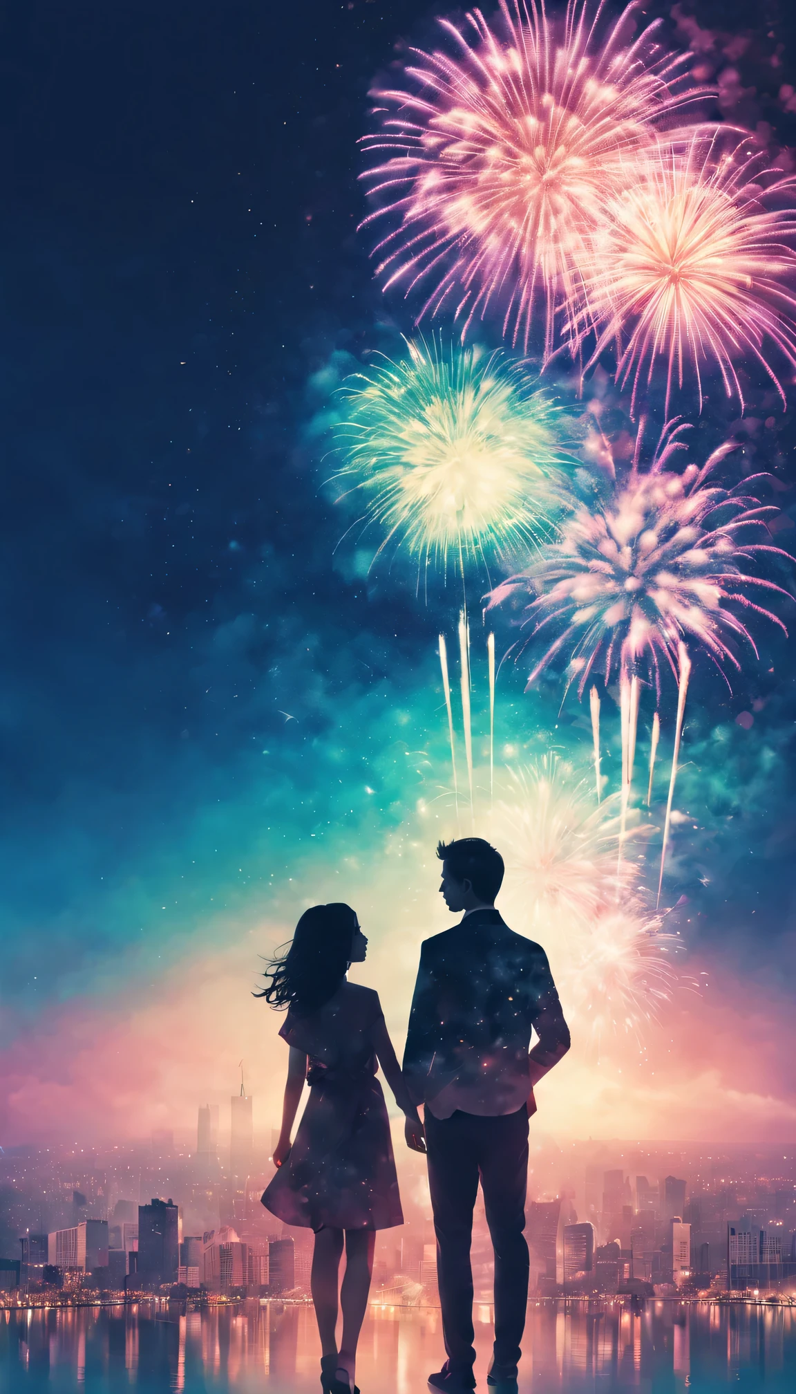 Holiday poster，2024 年new year快乐，Expansive night sky，new year，(A grand fireworks display)，Girl silhouette texture clear，double exposure effect，vibrant with colors，creative composition，artsy photography，hight contrast，soft focus，vague background，multiple exposure，Different perspectives of uturistic high-rise buildings、Overlay the image、Surreal atmosphere、(Best quality,4K,8K,A high resolution,tmasterpiece:1.2),ultra - detailed,