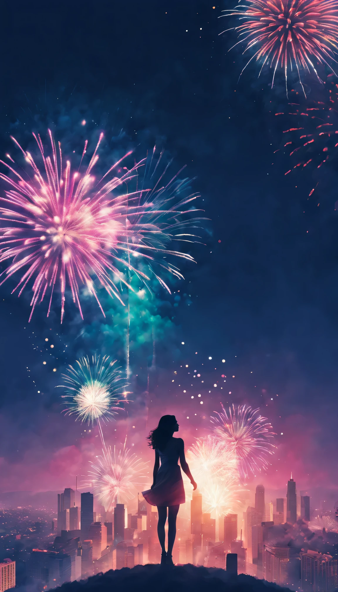 new year，Holiday poster，2024，Expansive night sky，(A grand fireworks display)，Girl silhouette texture clear，double exposure effect，vibrant with colors，creative composition，artsy photography，hight contrast，soft focus，vague background，multiple exposure，Different perspectives of uturistic high-rise buildings、Overlay the image、Surreal atmosphere、(Best quality,4K,8K,A high resolution,tmasterpiece:1.2),ultra - detailed,