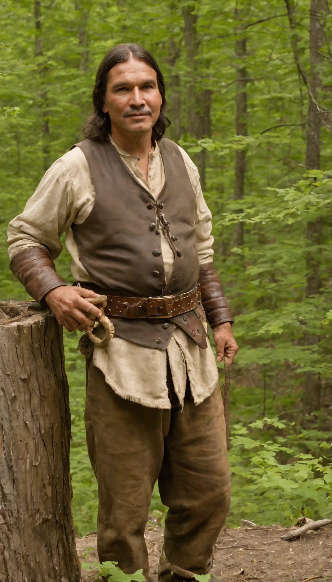Baron Bertrand Ogemaw holds loose governance over the rugged interior domain of Ogemaw County from his fortified timber trading hall Rifle River Fortress located deep in the backcountry forests at a strategic bend along the meandering Rifle River. His grandfather Bernard Ogemaw arrived from Quebec in the 1820s as an aspiring fur trader and married into the regional Ojibwe bands, fathering a dozen children with three successive wives as frontier mortality remained high.
Raised indigenous as much as French Canadian, Baron Bertrand “Bear Runner” Ogemaw is a tall, imposing figure known for his fierce skills handling bears and wolf packs while snowshoe trekking trap lines each winter when pelts prove most lush. By spring, his river crews run undammed logs downstream to the sawmills of Bay City by following centuries old timber chutes. Come summer, Ogemaw Hall feeds visitors feasts from the forests and rivers tended by his people for generations.
Fair minded but resistant to cultural assimilation pressures from Lansing politicos and Detroit dandies who see Ogemaw people as part of Michigan’s primitive past rather than vital future stewards guiding sustainable land practices, Baron Ogemaw trades beaver pelts, lumber planking and bear meat in return for practical metals, medicines and finely beaded attire - seeing little use for trinkets of frivolous luxury made fashionable to attract parlour room affection half a continent away along the fancy Atlantic Coast.