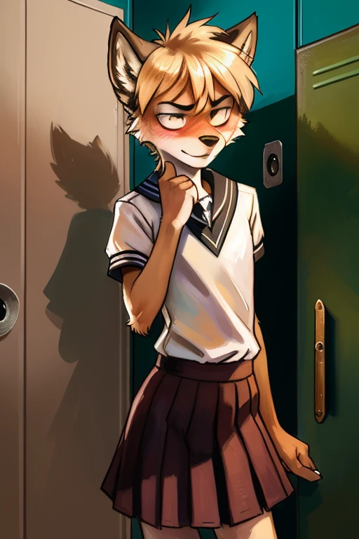 solo, wolf, male, slender, ((twink)), detailed, uploaded to e621, beautiful and detailed portrait of an anthropomorphic boy, short hair, fauxhawk, (((male))), kenket, uploaded to e621, (detailed see-through girls school uniform, long skirt), embarrassed, ashamed, blushing, frown, school locker room,