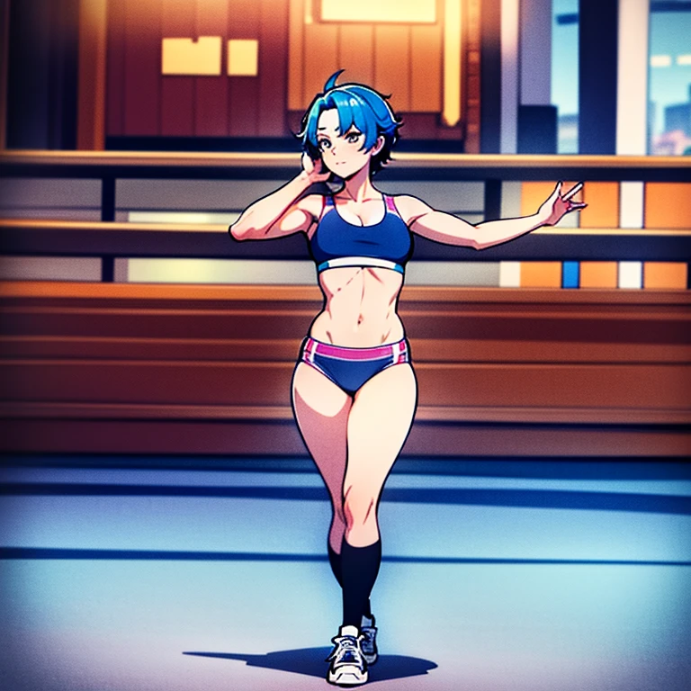 (best quality,4k,8k,highres) sexy woman, sports bra, panties, knee high socks, blue hair, crowded street, full body, standing, vibrant colors