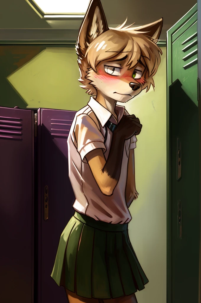 solo, wolf, male, slender, ((twink)), detailed, uploaded to e621, beautiful and detailed portrait of an anthropomorphic boy, short hair, fauxhawk, (((male))), kenket, uploaded to e621, (detailed see-through girls school uniform, long skirt), embarrassed, ashamed, blushing, frown, school locker room,