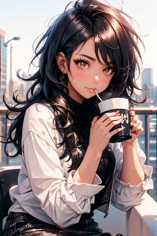 a black haired woman with brown eyes is sipping tea