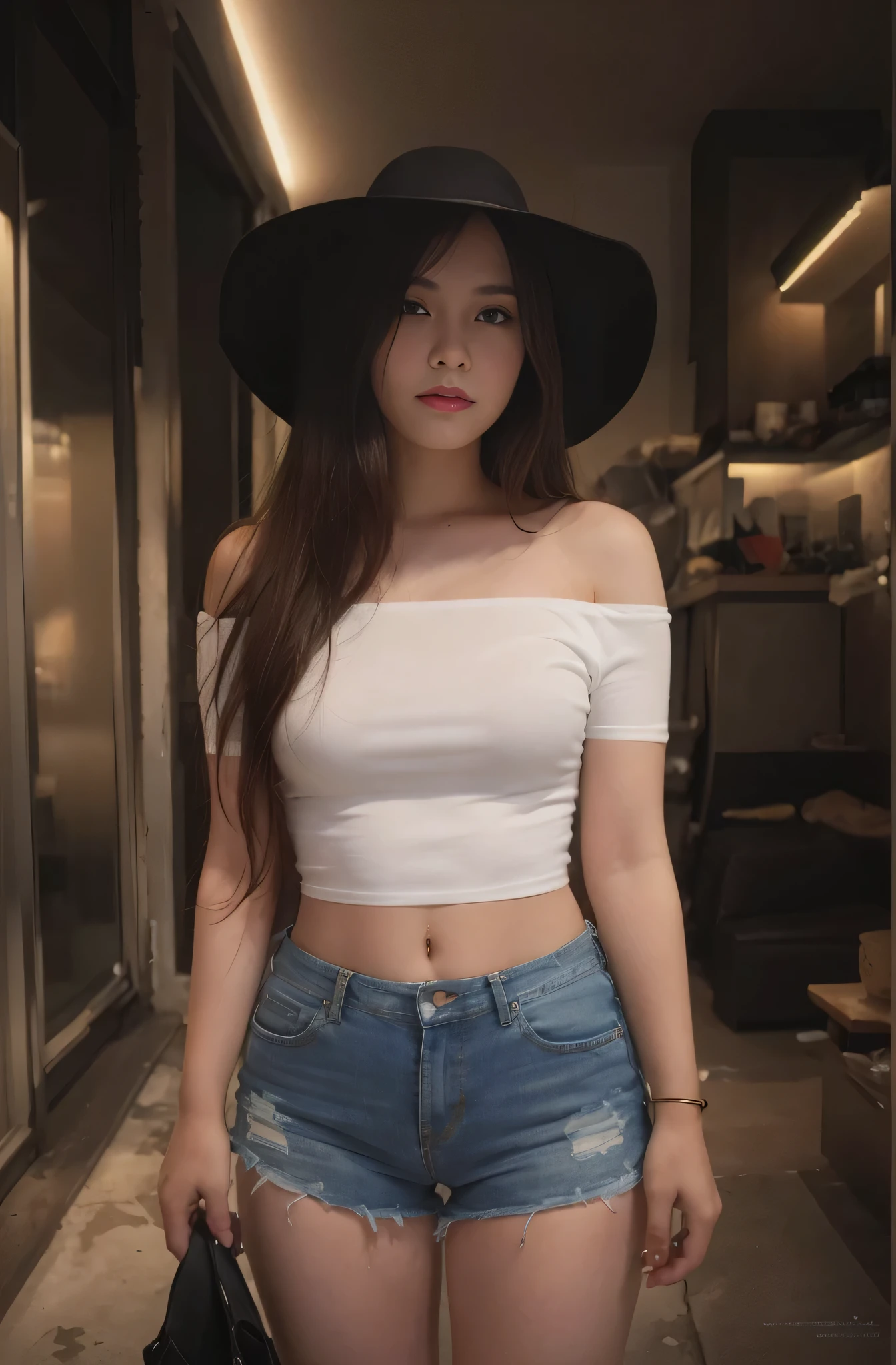 masutepiece, Best Quality, Illustration, Ultra-detailed, finely detail, hight resolution, 8K Wallpaper, Perfect dynamic composition, Beautiful detailed eyes, Off-shoulder t shirt and denim mini shorts,Bob Hair, mid-chest, Natural Color Lip, Random and sexy poses,Smile,20 years girl Colossal tits、nightclub、sheer body stockings、