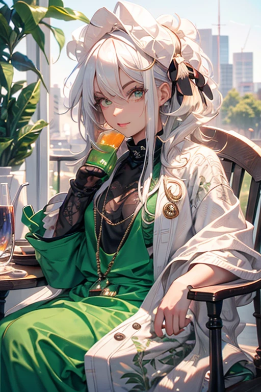 a white haired woman with green eyes is sipping tea