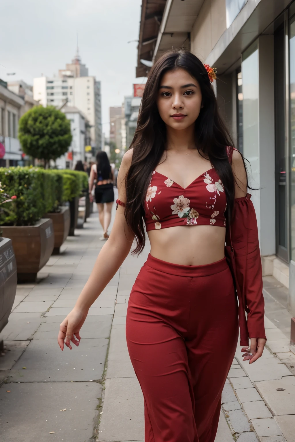 A beautiful Bangladeshi fair complexion girl in red sharee, long black hair , a flower in her hair, walking in city street blue sky
