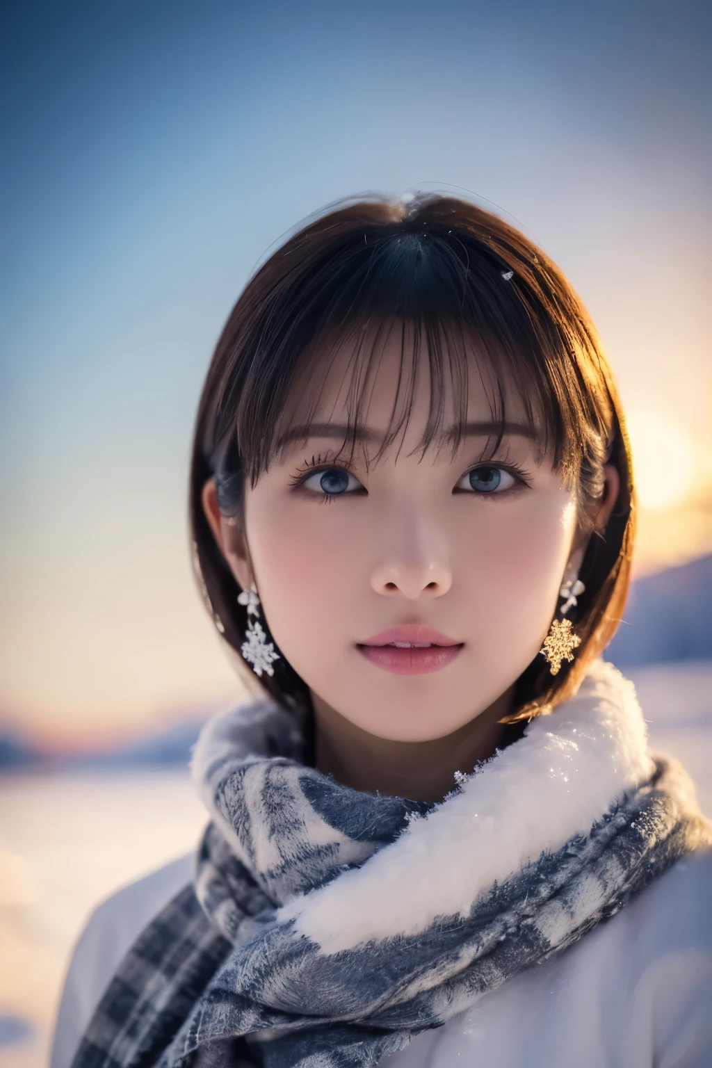 1girl in, (Winter clothes:1.2), Japanese beautiful actress, 
photogenic, Snow Princess, long eyelashes, Snowflake Earrings,
(Raw photo, Best Quality), (Realistic, Photorealsitic:1.4), (masutepiece), 
Beautiful detailed eyes, Beautiful detailed lips, extremely detailed eye and face, 
BREAK
 (Frozen snow field in winter Lapland), (Sun setting on the horizon),
Sparkling snowflakes, ethereal beauty, Swirling snowflakes, Snowy trees, Powder snow, snow-capped mountain, 
A world of silver colored by the setting sun, 
(snowflakes are shining in the air:1.4), 
Indigo and orange color scheme, Dramatic Lighting, Fantastic atmosphere, 
BREAK 
Perfect Anatomy, Slender body, Small, Short hair, Parted bangs, Angel Smile, 
Crystal-like skin, Clear eyes, catchlight