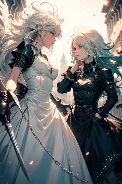 a white haired woman with green eyes is fighting a monster in a gothic gown