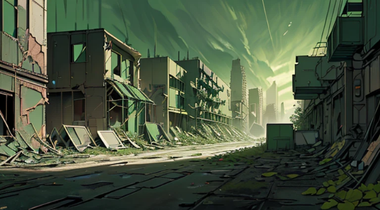 (Ultra detailed), (masterpiece), (best quality), (very detailed CG unit 8k wallpaper), (extremely wide shot), (gas mask man), hazmat suit, (polluted abandoned scifi city), ((green sky)), following the road, ruins, moss, roots, plantloating leaf petals:1.2), male, male anatomy, conceptual art, dramatic, cinematic, highly detailed, stylized wallpaper