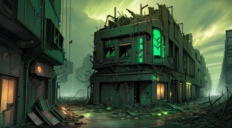 (Ultra detailed), (masterpiece), (best quality), (very detailed CG unit 8k wallpaper), (extremely wide shot), (gas mask man), hazmat suit, (polluted abandoned scifi city), ((green sky)), following the road, ruins, moss, roots, plantloating leaf petals:1.2), male, male anatomy, conceptual art, dramatic, cinematic, highly detailed, stylized wallpaper