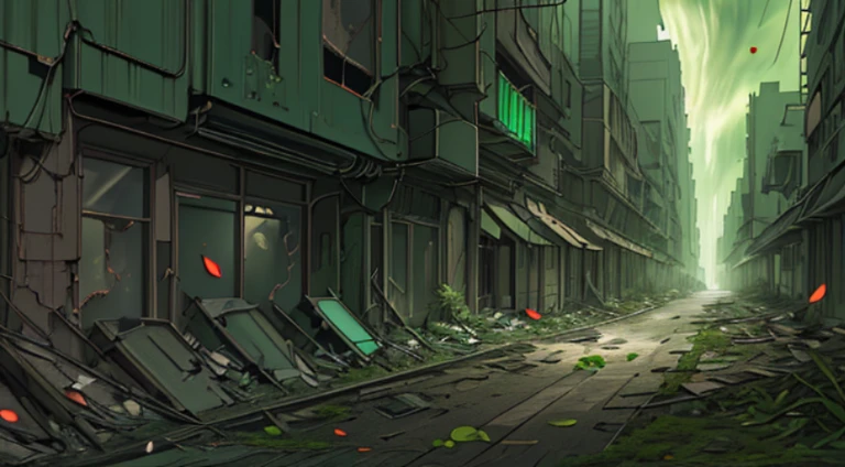 (Ultra detailed), (masterpiece), (best quality), (very detailed CG unit 8k wallpaper), (extremely wide shot), (gas mask man), hazmat suit, (polluted abandoned scifi city), ((green sky)), following the road, ruins, moss, roots, plantloating leaf petals:1.2), male, male anatomy, conceptual art, dramatic, cinematic, highly detailed, stylized wallpaper