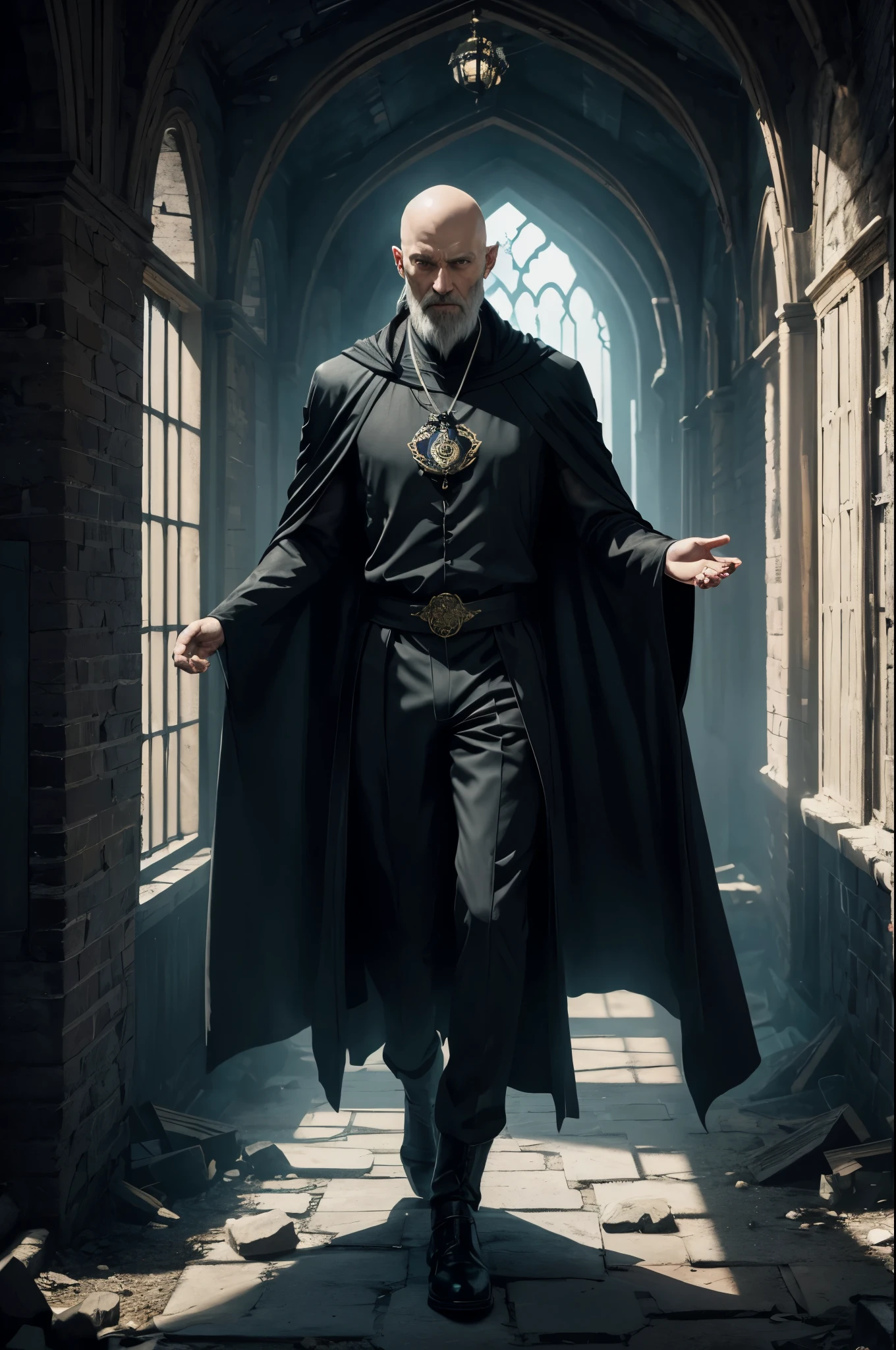 8K,Bald wizard in his 50s,The lean wizard wears flowing black robes, slender body.Rugged look(Like the real thing), pale eyes,real looking skin,A powerful beam of energy is emitted from the magician's hands.(pale magic effect),In the ruins, A monster in the ruined hallway,A place where pale light shines through a broken window.the air is thick and dark, full of mystery and magic.Acrylic paint on canvas, Accurate and vivid brushstrokes,超A high resolution,A hyper-realistic,black magic costume(magician emblem),Black pants,golden talisman,