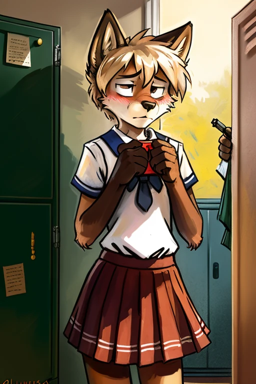 wolf, male, slender, ((twink)), detailed, uploaded to e621, beautiful and detailed portrait of an anthropomorphic boy, short hair, fauxhawk, (((male))), kenket, uploaded to e621, (detailed see-through girls school uniform, long skirt), embarrassed, ashamed, blushing, frown, school locker room, getting photo taken out of frame, camera flash