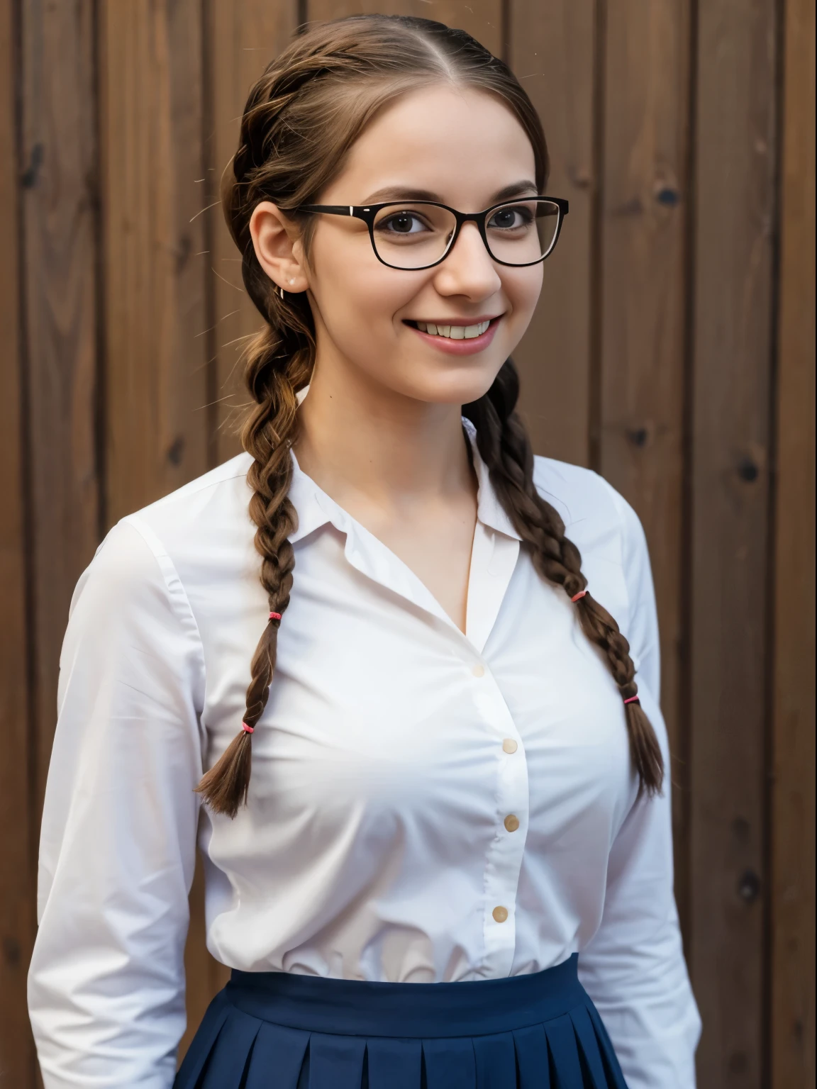 1women, geek girl, 25 years old, English, shy smile, braids, glasses, small breasts, blouse, plaited skirt, upper body shot, 8k