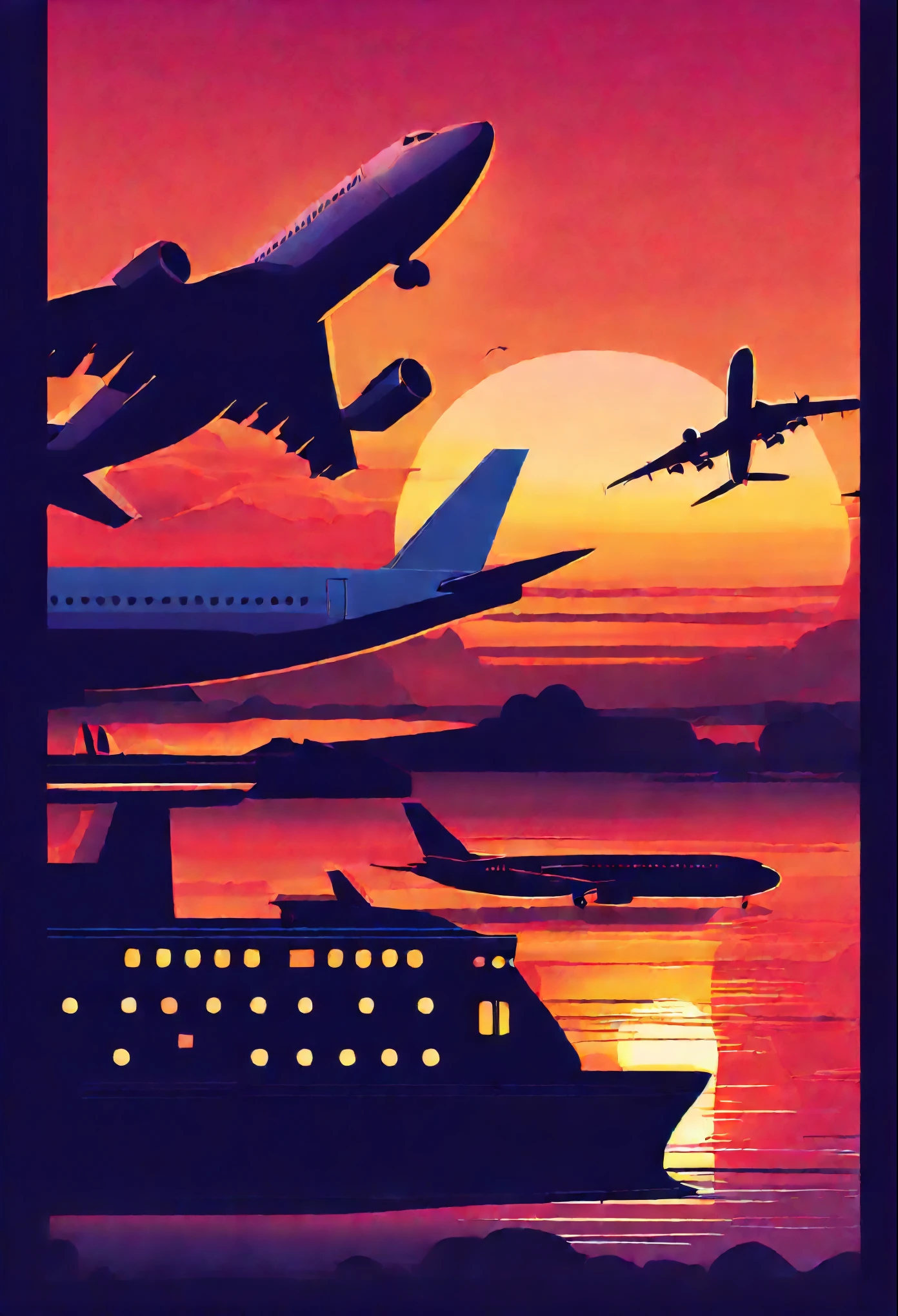 Illustration inspired by the opening of the Friday Roadshow、Location、Mare、At the venue、A ship is passing by、Big sunset on the horizon、Very big sunset、A passenger plane is passing in front of the setting sun、Silhouette of a passenger plane、Airliners are、B-747、Dyed background of sunset、Very nicely dyed background、