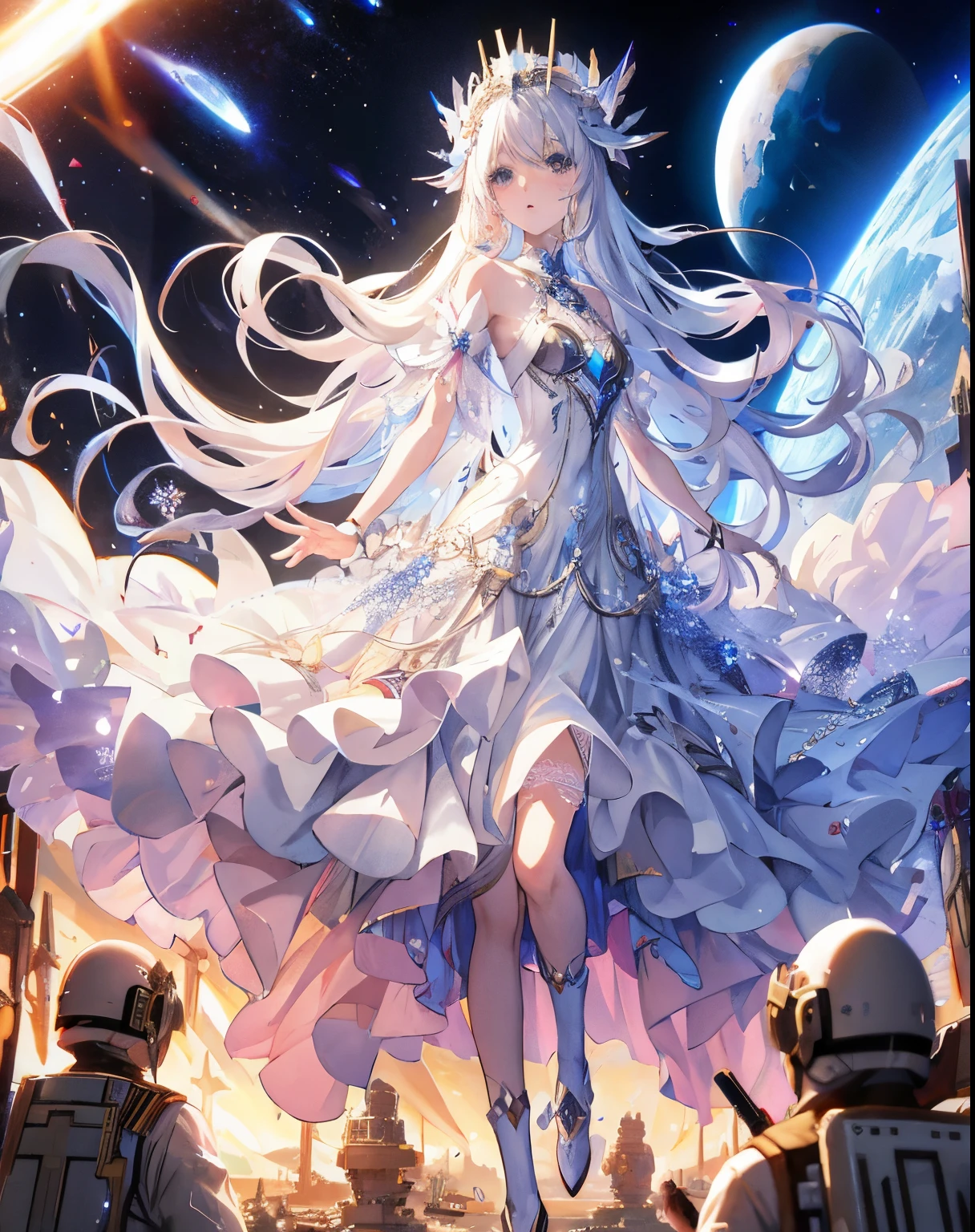 anime girl in a White dress standing in front of a group of people, white-haired god, Cosmic hair anime girl, anime goddess, Beautiful fantasy anime, anime epic artwork, galaxy goddess, anime fantasy illustrations, Anime fantasy artwork, beautiful anime art, goddess of space and time, beautiful anime artwork, White dress!! Silver-haired, ethereal anime