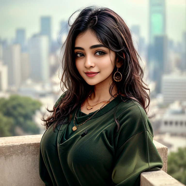 (Best quality, 8k, 32k, Masterpiece, UHD:1.2), Photo of the beautiful Indian girl, black hair, big boobs, upper body,(oversized_green sweater,:1.1) necklace, city background(0.1), looking at around, smile, hold on the smartphone