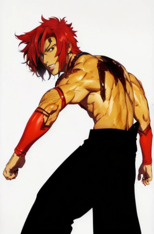 a close up of a person with red hair and a red shirt, character from king of fighters, gurenn lagann, best anime character design, badass pose, king of fighters style, baki style, orange - haired anime boy, red scales on his back, fighting game character, fighting pose, fighting stance, baki, bara, tanjiro kamado