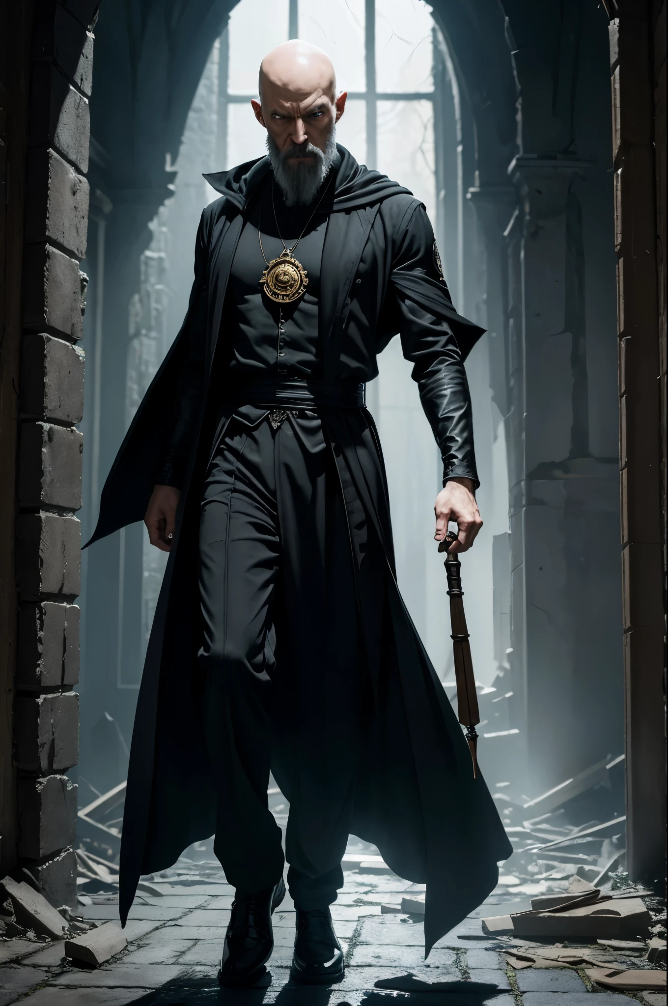8K,Bald wizard in his 50s,The lean wizard wears flowing black robes, slender body.Rugged look(Like the real thing), pale eyes,real looking skin,A powerful beam of energy is emitted from the magician&#39;s hands.(pale magic effect),In the ruins, A monster in the ruined hallway,A place where pale light shines through a broken window.the air is thick and dark, full of mystery and magic.Acrylic paint on canvas, Accurate and vivid brushstrokes,超A high resolution,A hyper-realistic,black magic costume(magician emblem),Black pants,golden talisman,