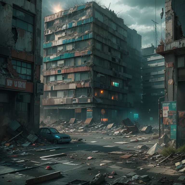 Doomsday city ruins,Punk world. dystopian,Hospital building,The exterior walls of the hospital are decorated with vibrant graffiti art, As well as the remnants of decaying skyscrapers in the distance. The scene is dominated by cold steel and concrete structures, Eerily flamethrowers cast shadows on the streets. The area around the hospital is littered with scattered debris and remnants of shredding technology, Create an atmosphere of desolation and chaos. Dark skies,Ominous clouds come together,Dazzling lightning,Silent and desolate cityscape,The scene embodies the fusion of technology and decay, Capture the essence of society on the verge of collapse, But still clinging to the remnants of its rebellious spirit.(illuminations,punk,postapocalyptic,Cyberpunk,Sci-fi:1.2), (Best quality,4K,8K,A high resolution,Masterpiece:1.2),