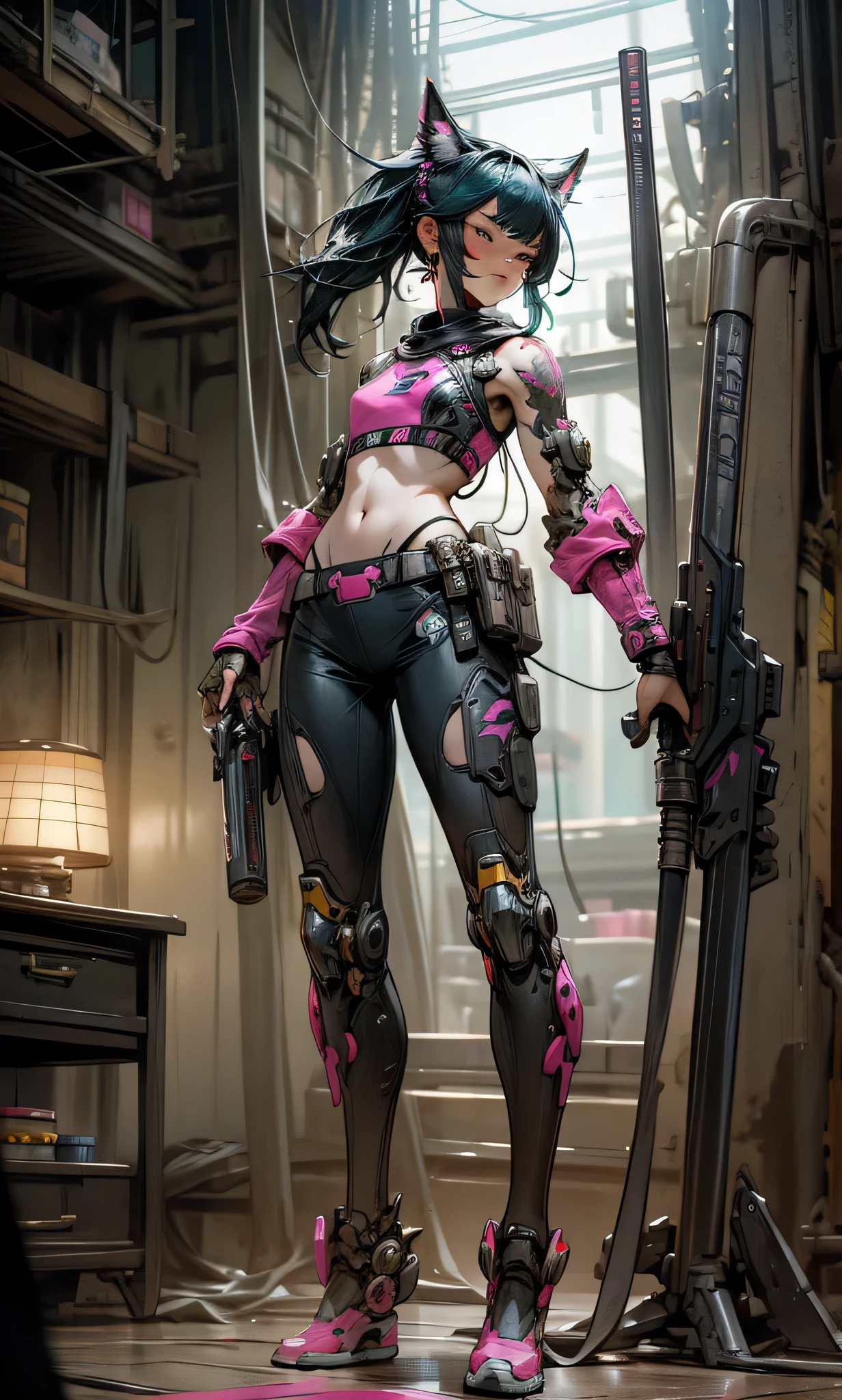 female standing flat pose, body front view wearing string bikini, black and pink microfiber bikini, gym tops, perfect slim figure, intricate details, high details, ((microfiber bikini)), the center of this full body portrait in the iconic Black Panther mask She is seen amidst her high-tech surroundings, adorned with black tattoo art and a navel piercing. The image should be a mix of digital and anime illustration, featuring a level of detail that brings the character and scene to life. Boba Fett's anatomy is athletic, capturing the essence of and soul. Inspired by Masamune Shirow, the illustration features sharp focus, smooth transitions and an underlying watercolor aesthetic. cyberpunk atmosphere.", 35 mm, medium shot, studio lighting, highly detailed, octane rendering