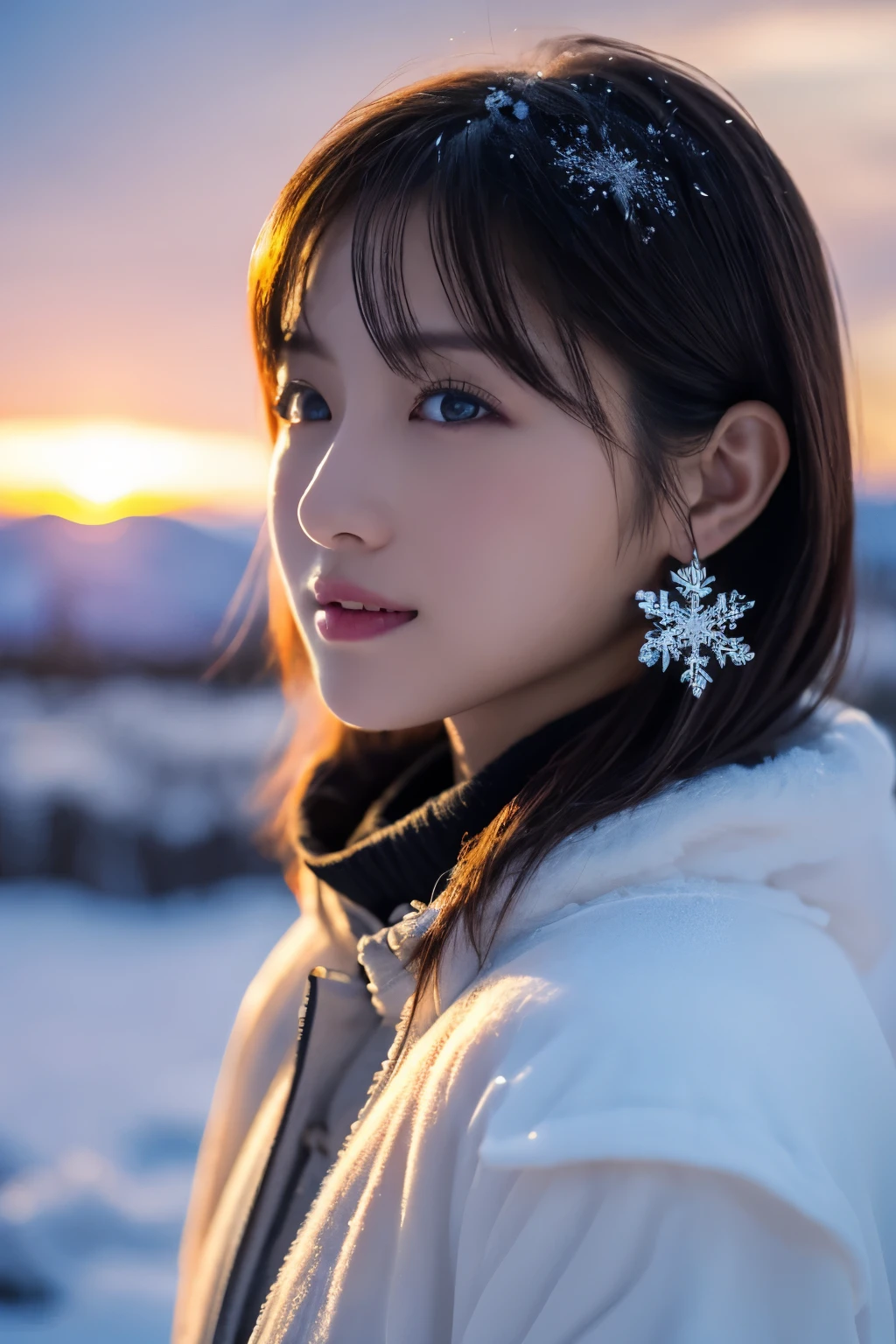 1girl in, (Winter clothes:1.2), Japanese beautiful actress, 
photogenic, Snow Princess, long eyelashes, Snowflake Earrings,
(Raw photo, Best Quality), (Realistic, Photorealsitic:1.4), (masutepiece), 
Beautiful detailed eyes, Beautiful detailed lips, extremely detailed eye and face, 
BREAK
 (Frozen snow field in winter Lapland), (Sun setting on the horizon),
Sparkling snowflakes, ethereal beauty, Swirling snowflakes, Snowy trees, Powder snow, snow-capped mountain, 
A world of silver colored by the setting sun, 
(snowflakes are shining in the air:1.4), 
Indigo and orange color scheme, Dramatic Lighting, Fantastic atmosphere, 
BREAK 
Perfect Anatomy, Slender body, Small, Short hair, Parted bangs, Angel Smile, 
Crystal-like skin, Clear eyes, catchlight