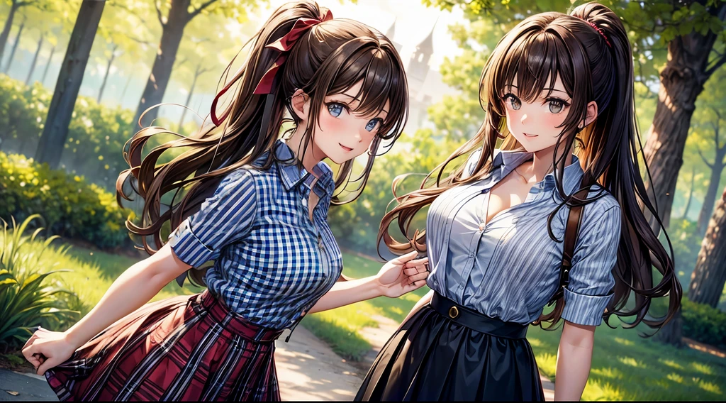 button down shirt, ((blue checked shirt)), ((unbuttoned shirt)), ((short sleeved shirt)), cleavage
