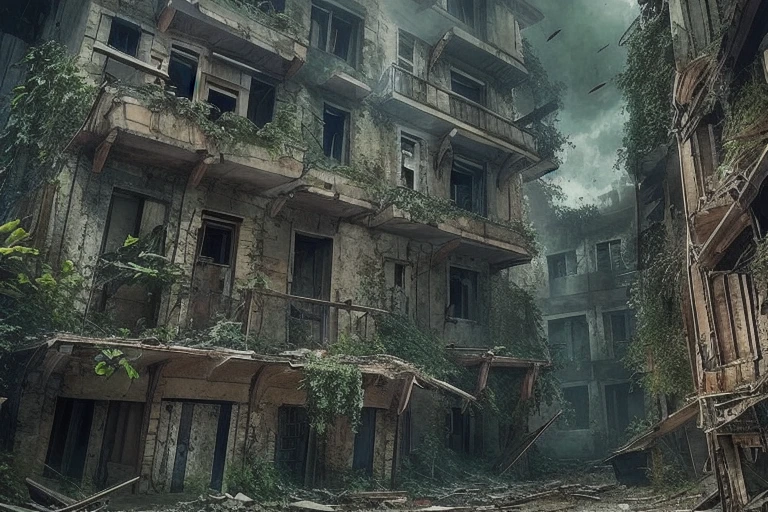 "Abandoned City, post-apocalyptic scenery, desolate and eerie atmosphere, crumbling buildings, overgrown vegetation, hauntingly beautiful, dramatic lighting, scattered debris, a sense of mystery and melancholy."